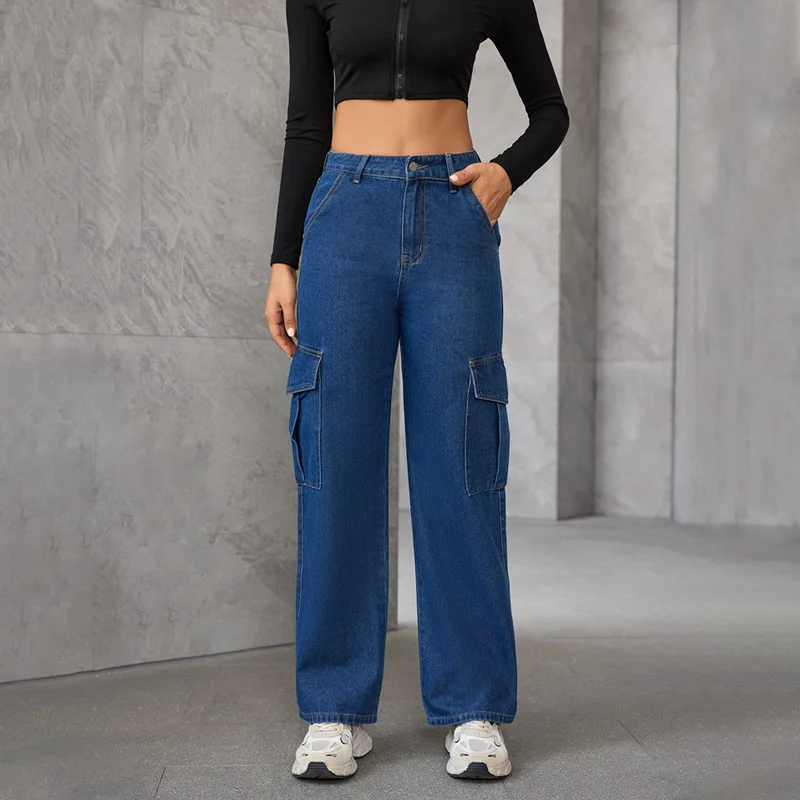

Женские утягивающие джинсовые брюки, новые отбеленные прямые брюки-карго с высокой талией и несколькими карманами, джинсовые брюки, однотонные