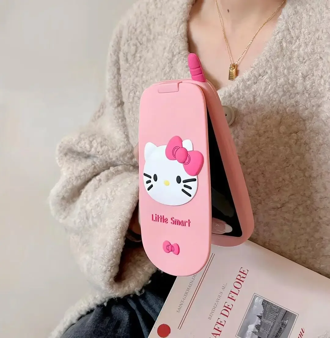 Hello Kitty Flip Cover with Mirror IPhone15 Silicone Phone Case IPhone Various Types Kawaii