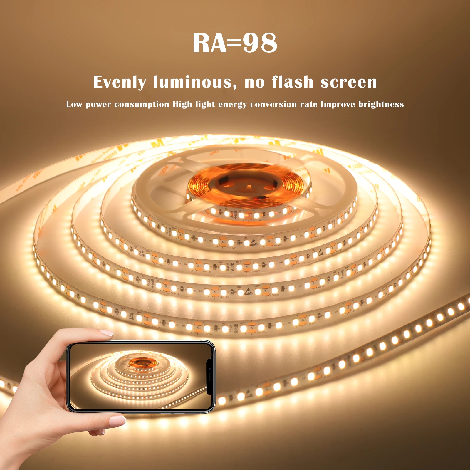 DC 12V 24V RA98 LED Strip SMD 2835 120LEDs/M 2700K 3000K 4000K 5000K 5500K 6000K IP20 Flexible Ribbon Rope Light 5M 10M/Roll