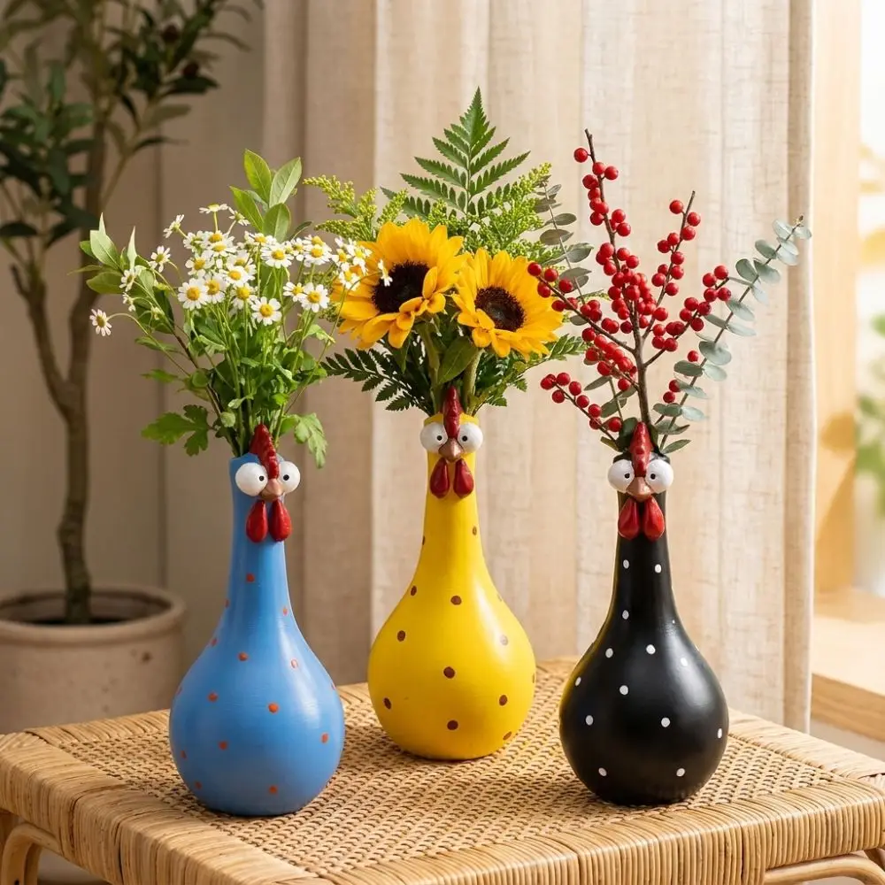 Colorful Dot Long Neck Chicken Vases Lifelike Cartoon Rooster Sculpture Vase Resin Art Smooth Waterproof Flower Vase Ornament