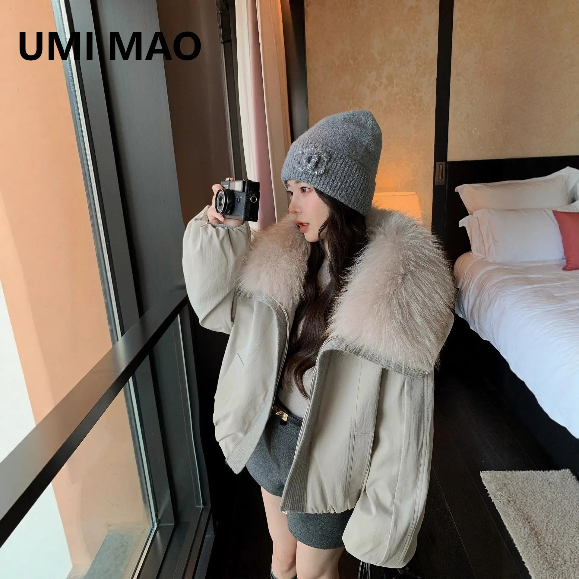 UMI MAO Petite Style Parka Real Women Short Workwear With Large Fox Fur Collar Down Fur Coat Winter Jackets Womens Clothing