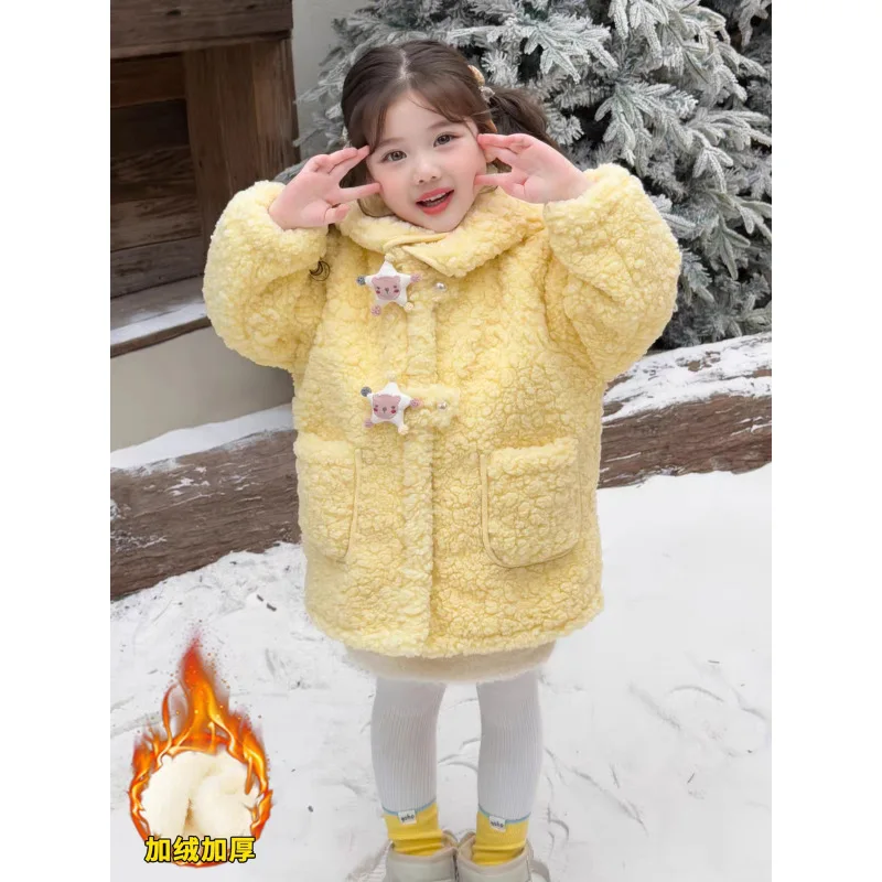 Girls Plush Jacket 2026 Winter New Children's Hooded Coat Baby Thickened Medium and Long