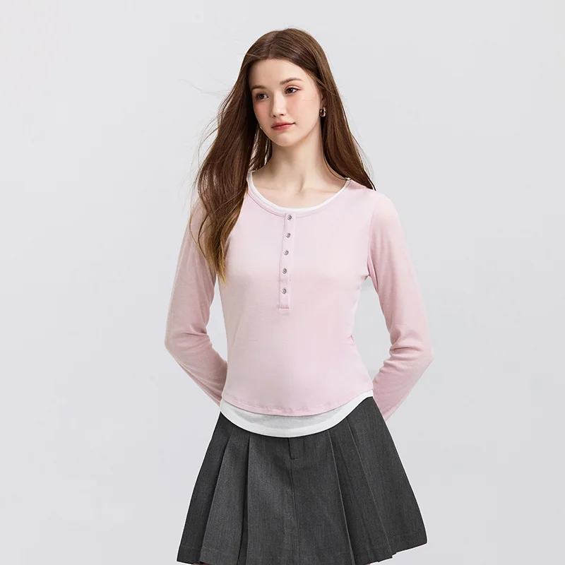 Semir Long Sleeve T-Shirt Women Short Skinny Slimming Simple 2025 Spring New Faux Two-piece Contrast Color Bottoming Shirt image 5