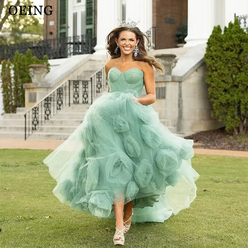 OEING Green A-Line Sleeveless Prom Dresses Strapless Party Gowns Floor-Length Soft Tulle Vestidos de noche 2024 Customized