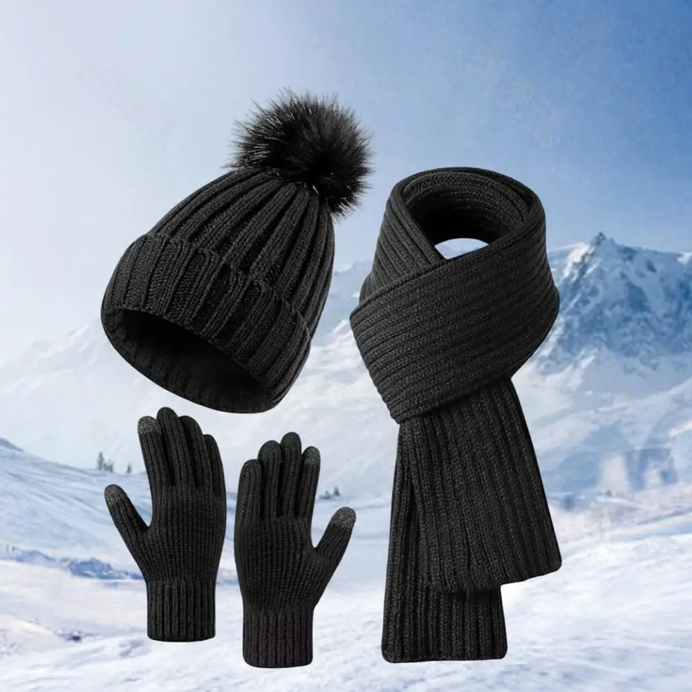 Thermo-gefüttertes Beanie-Set, Winter-Beanie-Schal-Handschuhe-Set für Damen, gestrickte warme Mütze mit Reibungspalm-Handschuhen, elastisches Ohr