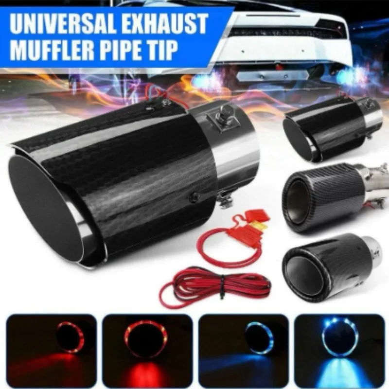 Auto Accessories 63-65mm Inlet Carbon Fiber Color Car Exhaust Muffler Pipe Tip With RED/Blue LED Light