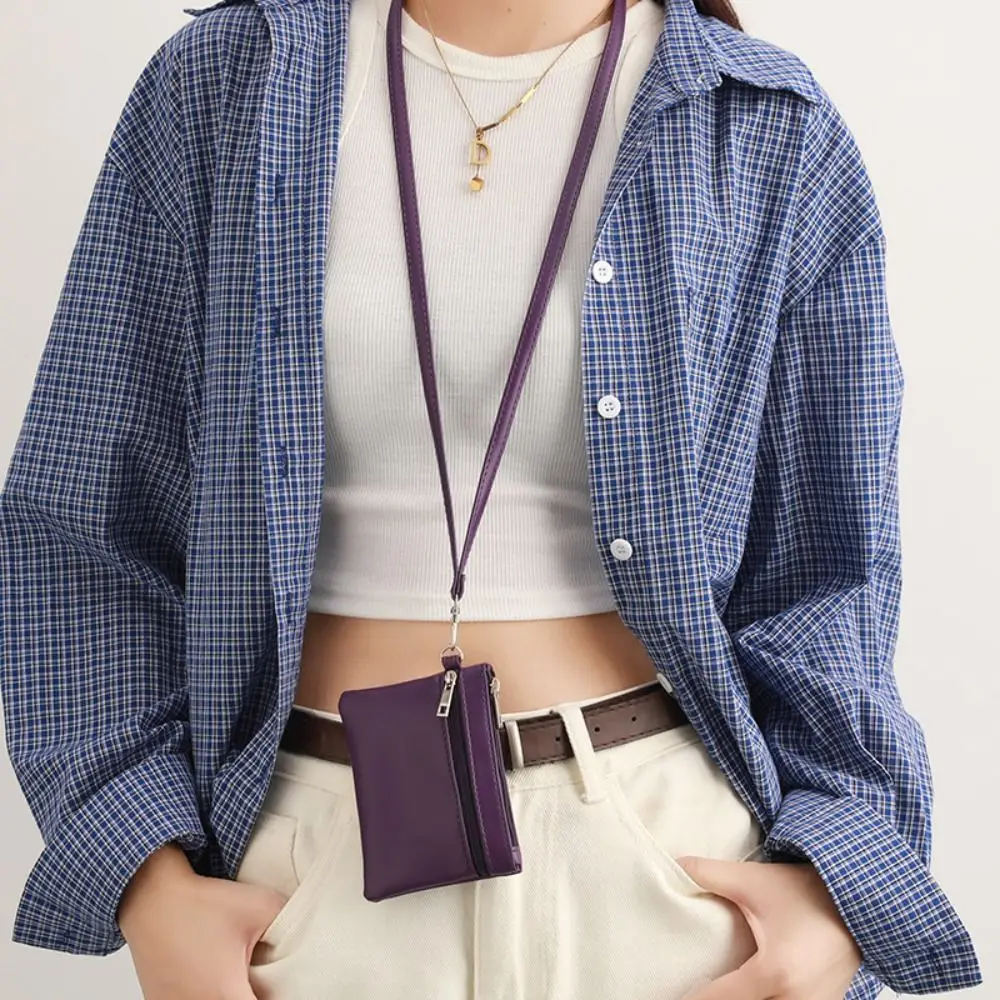 Solid Color Hanging Neck Coin Purse Lanyard Lipstick Earphone Hanging Neck Wallet Leather Keys Cards Small Storage Bag