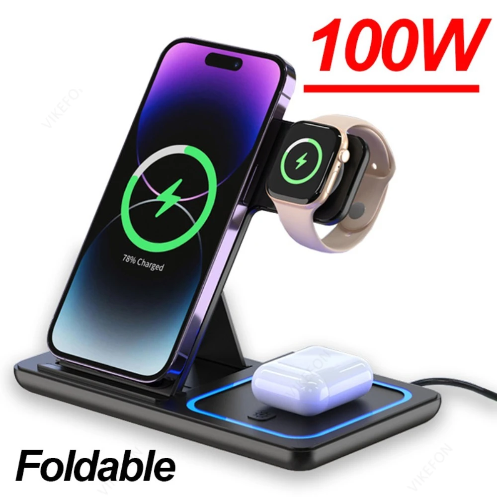 Foldable 100W Wireless Charging Station for iPhone 16 15 14 13 12 iWatch 10-2 Ultra Airpods 4 Pro 3 