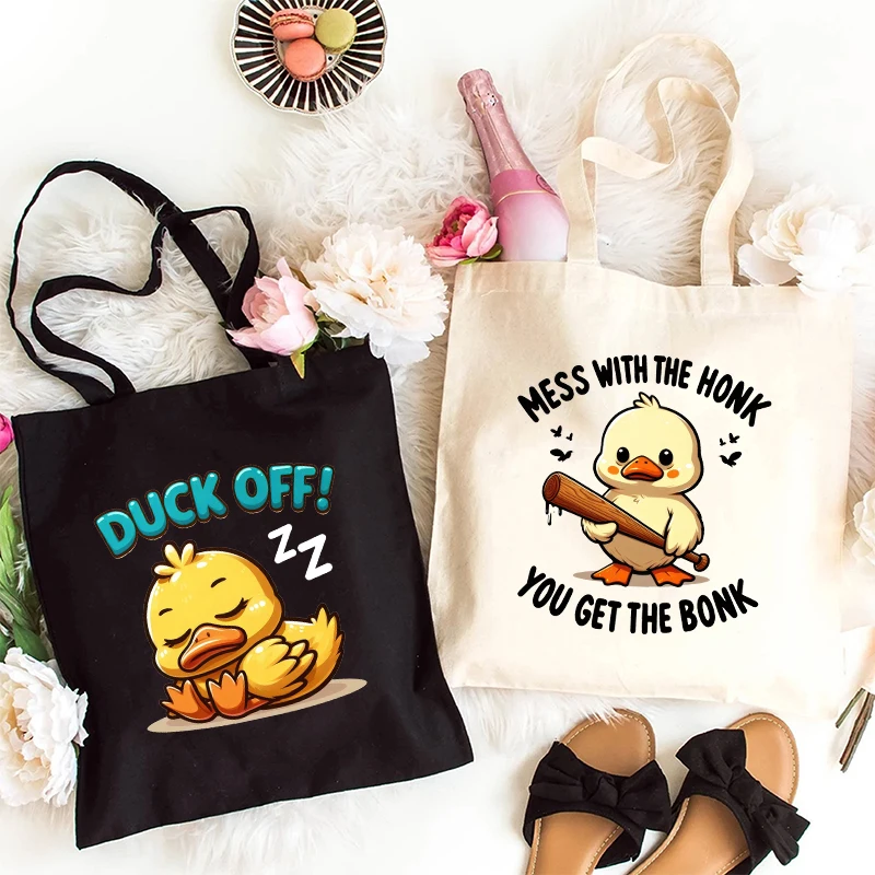 Funny Duck Off Graphic Shoulder Handbag Folding Funny Canvas Tote Bags Reusable Shoulder Bag Fashion Cartoon Grocery Bag