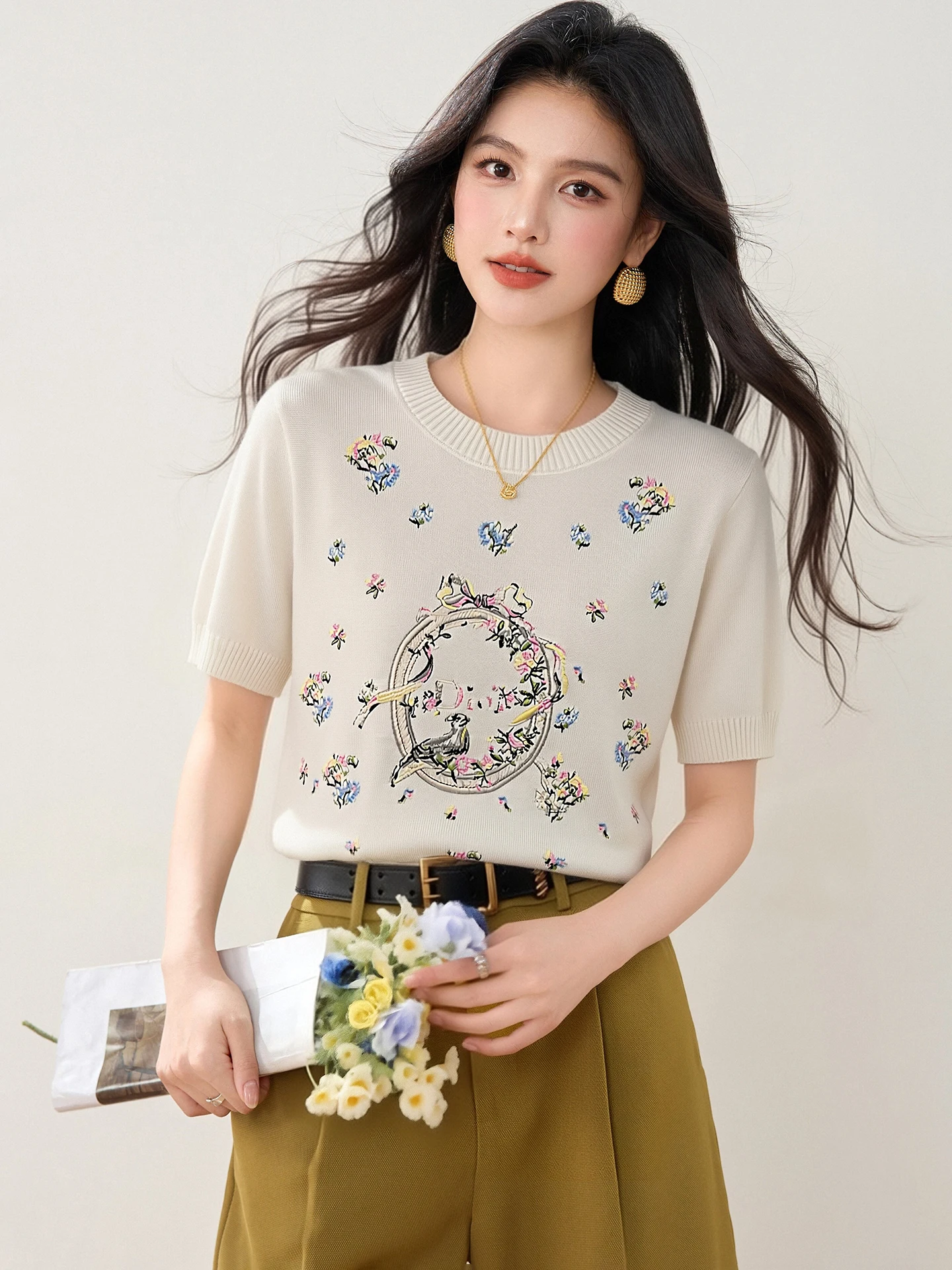 2026 New Summer Fashion Korean Style Sweet Floral Bird Print Short Sleeve Top Women's Round Neck Elegant Slim Fit Casual Top