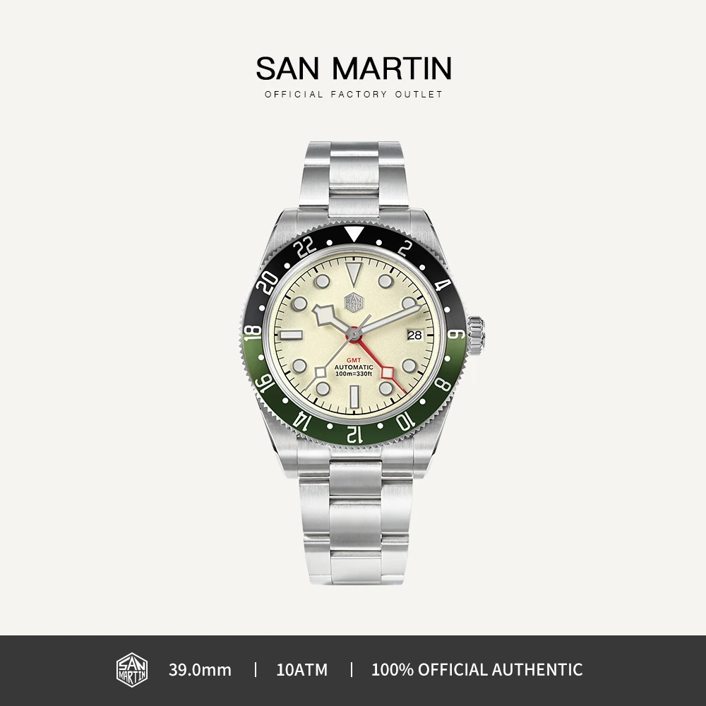

San Martin 39mm GMT Luxury Men Watch NH34 Stainless Steel Automatic Mechanical Watches Waterproof 10Bar Sapphire Crystal SN0109