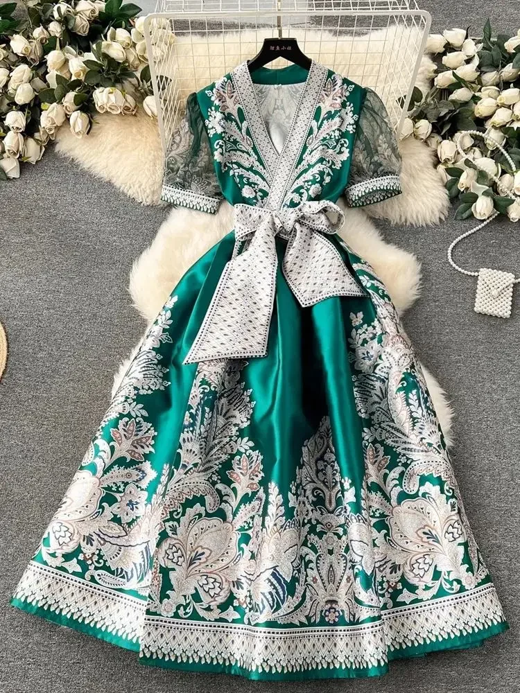 

Women Vintage Party Dress Fashion Printed V-neck Long Dresses Summer Short Sleeve Elegant Floral Dress Long Robe Vestidos