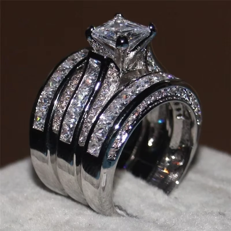 

Huajie 3pcs/set Inlaid Bright Square Zirconia Light Luxury Rings Sets for Couple Exquisite Wedding Jewelry Accessories Trend
