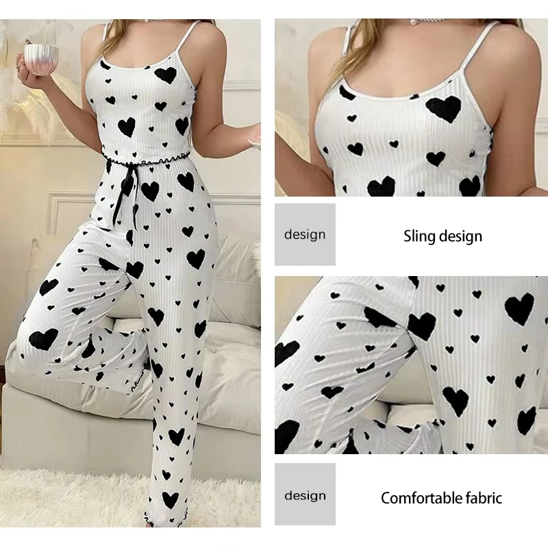 Women\'s Two-Piece Ice Silk Ribbed Sexy Printed Vest and Bow Decoration Long Pants Home Casual Women\'s Sleepwear Set