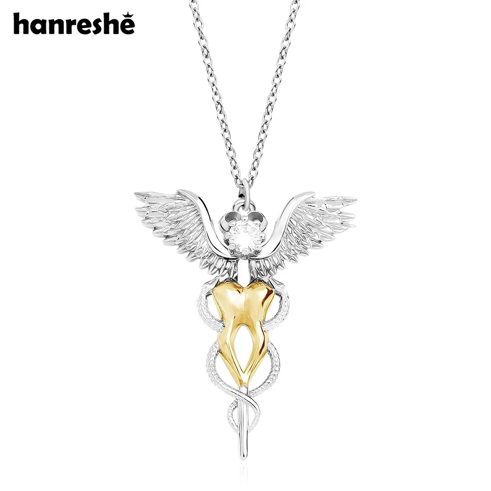 Hanreshe Caduceus Tooth Pendant Necklace Medical Snake Scepter Wings Exquisite Crystal Dental Jewelry for Dentist Doctor Nurse