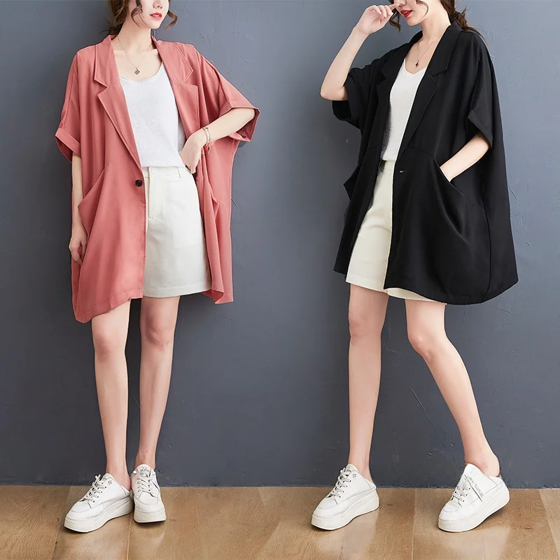 

plus Size Women's Summer Casual Loose Suit Jaet Briti Sle Chiffon Top Mid-Length Comfortable Faionable Office Wear