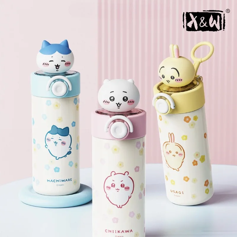 X&W 450ml Chiikawa Pop-up Thermos 316 Stainless Steel Straw Cup with Doll Head Chiikawa Waterbottle Portable Office&outdoor Use