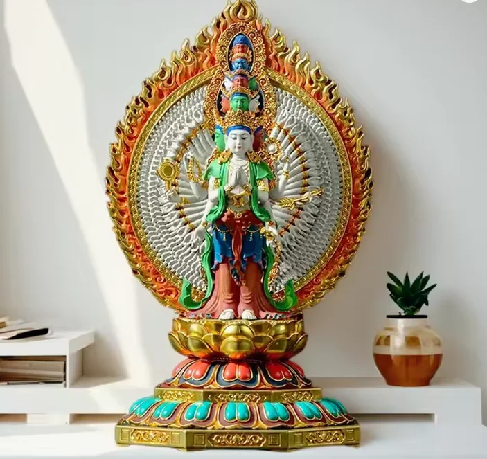Copper Gilding Painting Thousands Hands Guanyin Bodhisattva Buddha Statue Sculpture, 33cm, 22cm