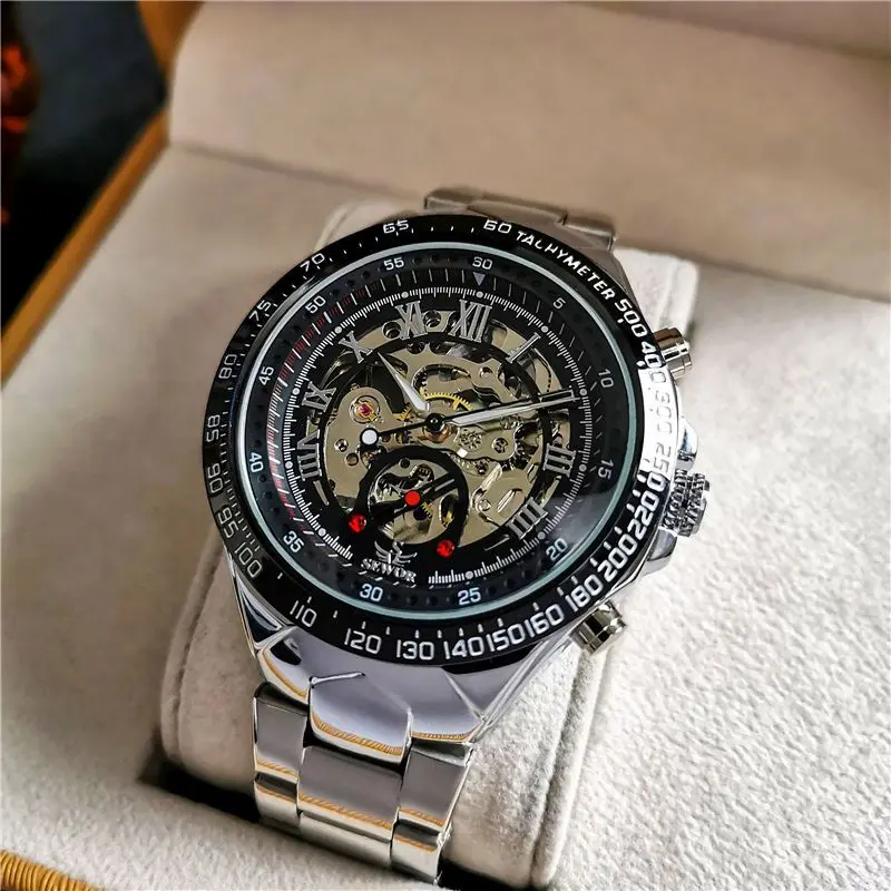 Fashion Statement, Men's Luxury Automatic Mechanical Watch - Elegant Stainless Steel Strap, Skeleton Transparent Back, Exquisite Style, Business Casual Versatile Trendy Men's Watch, the Best Gift for Him