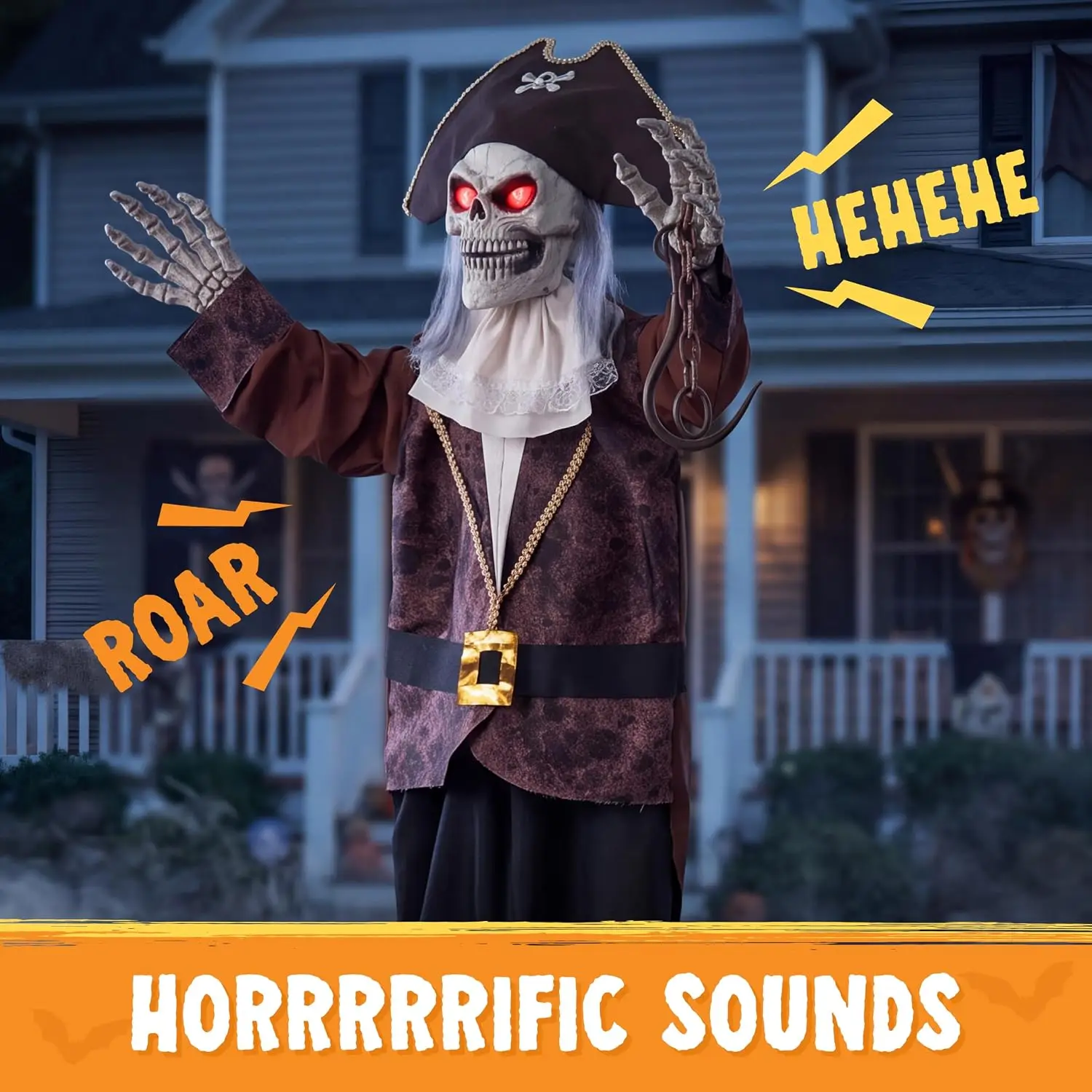 Halloween Animatronic Pirate Skeleton Captain Decoration, Life-Size Sound-Activated Outdoor Prop with Moving Jaw, Glowing Eyes and Sounds, Haunted House Yard Garden Lawn Decor