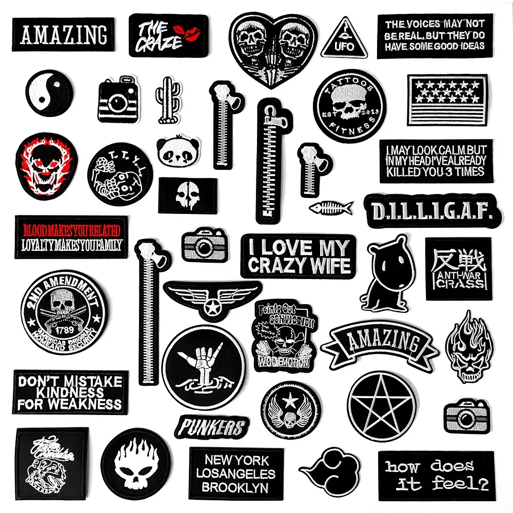 DIY Cartoon Black White Embroidered Cute Badges Hippie Iron On Kids Patches For Clothes Stickers