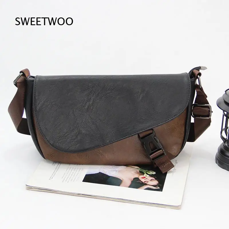 Men Brown Color Block Faux Leather Messenger Bag Retro Flap Crossbody Shoulder Bag Casual Sling Bag with Buckle