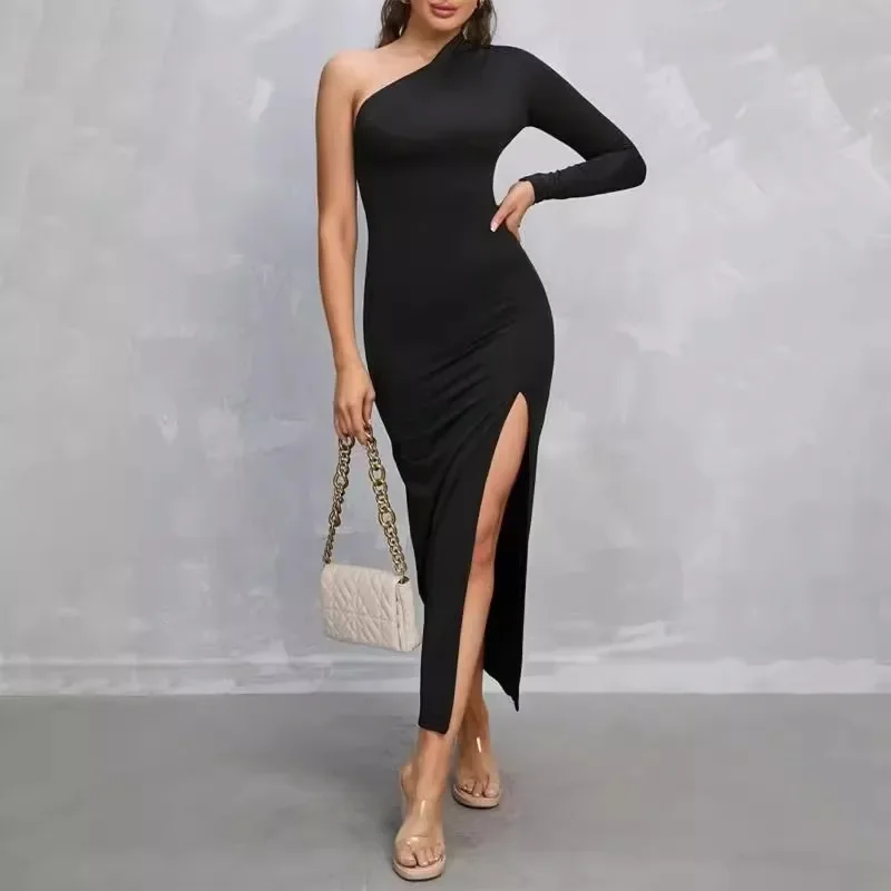 

European And American Foreign Trade Autumn And Winter New Sexy Sloping Collar Elegant Single Sleeve Slit Jumpsuit Long Skirt