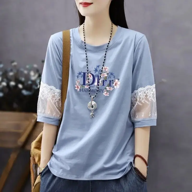 2026 Summer New Cotton T-shirt Ladies Lace Stitching Coat Five-point Sleeve Jacket Plus Size Joker Casual Comfortable Women Tops
