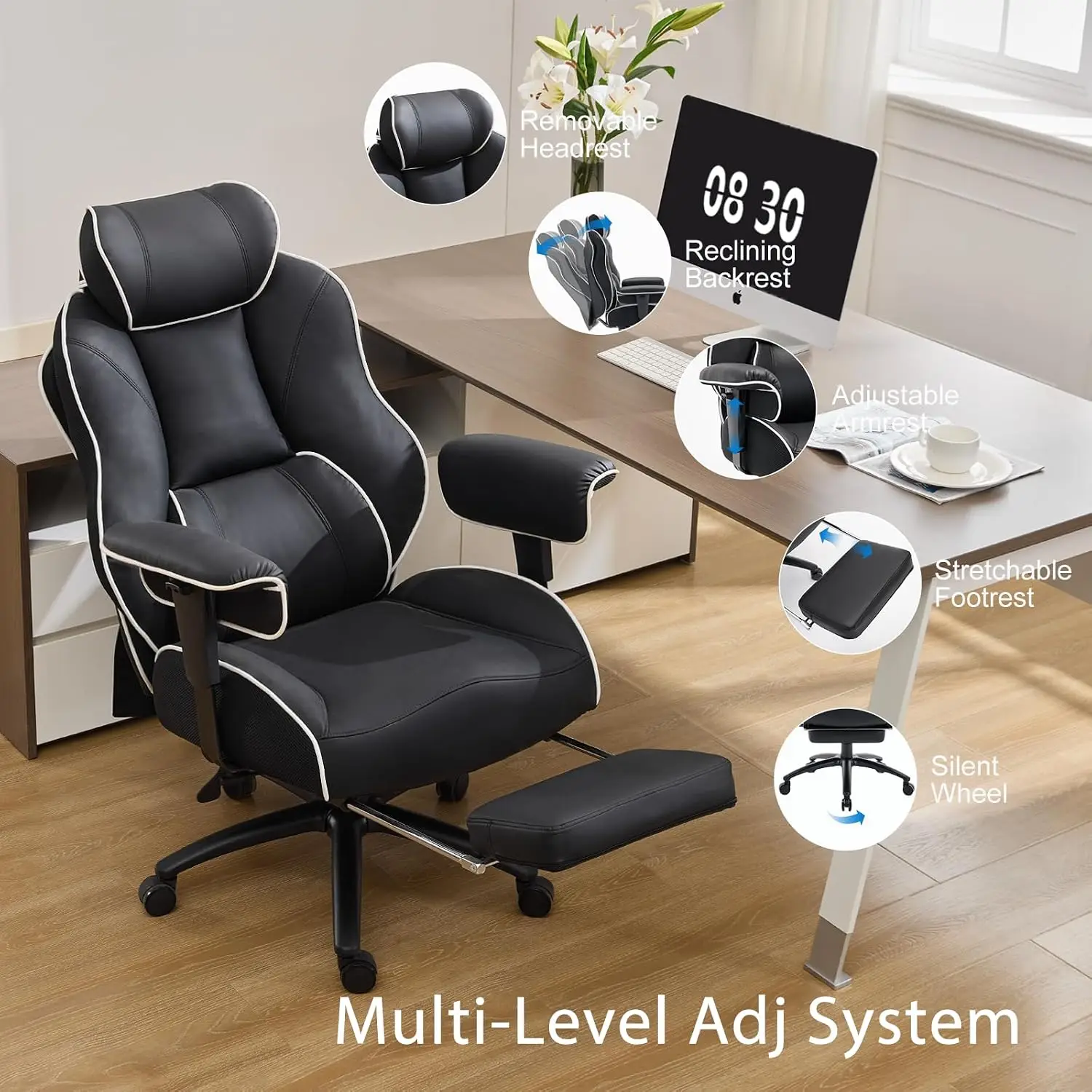 DJWang Big and Tall Office Chair with Foot Rest, High Back Executive Office Chair, PU Leather Ergonomic Chair with Lumbar Suppor