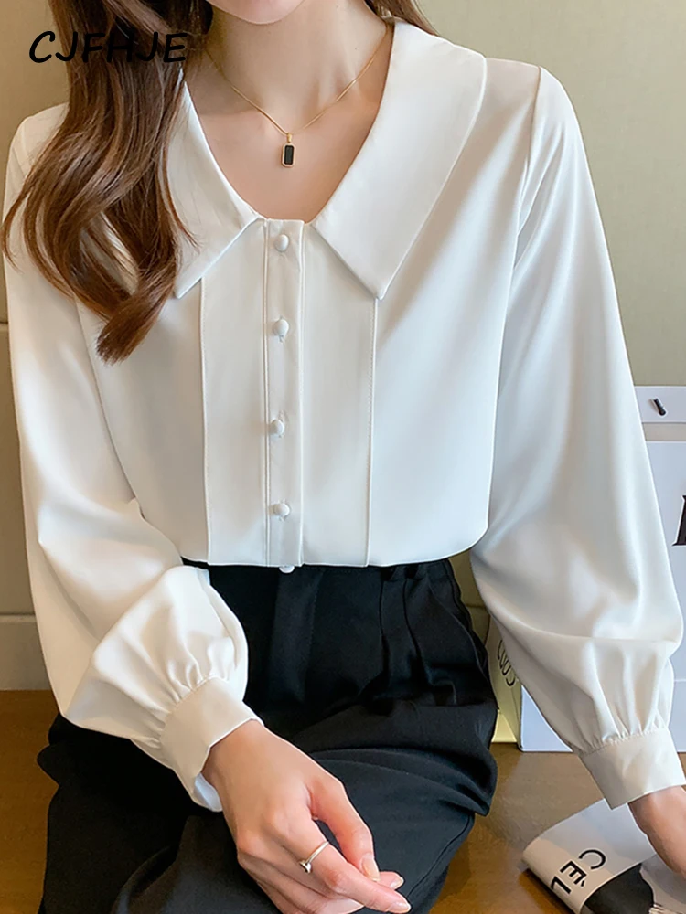 

CJFHJE Elegant Single-Breasted Long Sleeve Shirt Women Casual White Office Ladies Shirts Autumn Button Up Apricot Blouses Female