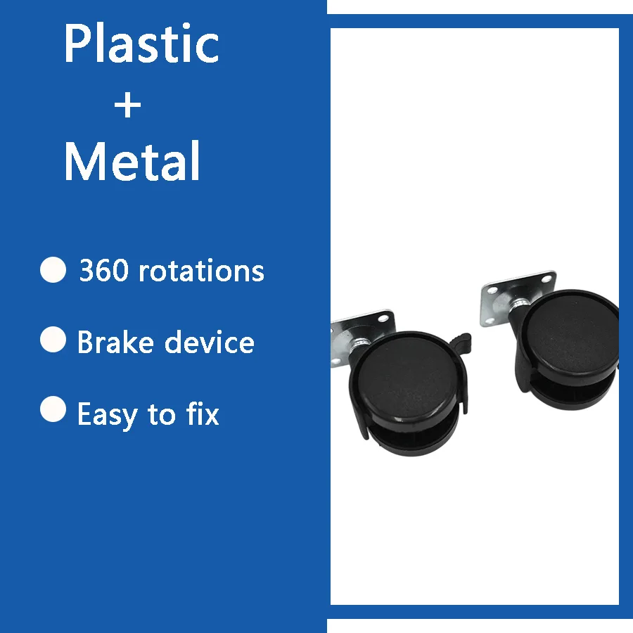 4 Black Plastic Swivel Casters - Durable Construction, 360 ° Easy Turning, Swivel/Brake - Suitable for Office Cabinets, Workbenches, Storage Boxes and Sliding Doors, Casters 39/49mm, Perfect for Home and Office Use.