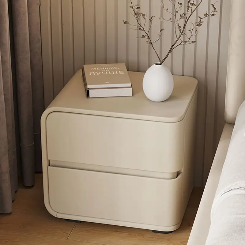 Cream Wind Bedside Table Light Luxury Small Solid Wood Leather Bedroom High-end Bedside Table Minimalist Storage Cabinet