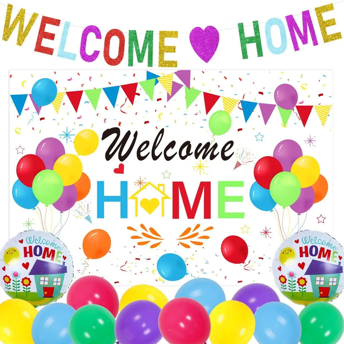 

Cheereveal Welcome Home Decorations Colorful Welcome Home Backdrop Glitter Bunting Banner Balloons for Homecoming Party Supplies