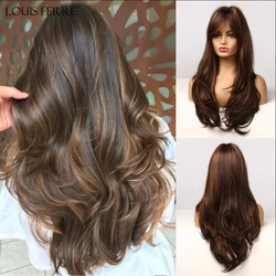 Highlight Colored Synthetic Wig for Women Long Wave Brown Blonde Ombre Bob Hair Wig with Bangs Daily Heat Resistant Fibre