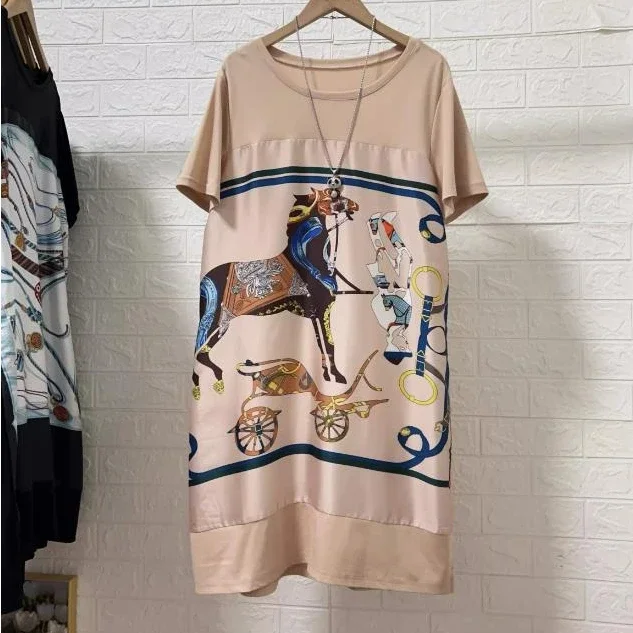 summer lady loose straight dresses short sleeve women print dress lady mother's summer dresses horse clothing