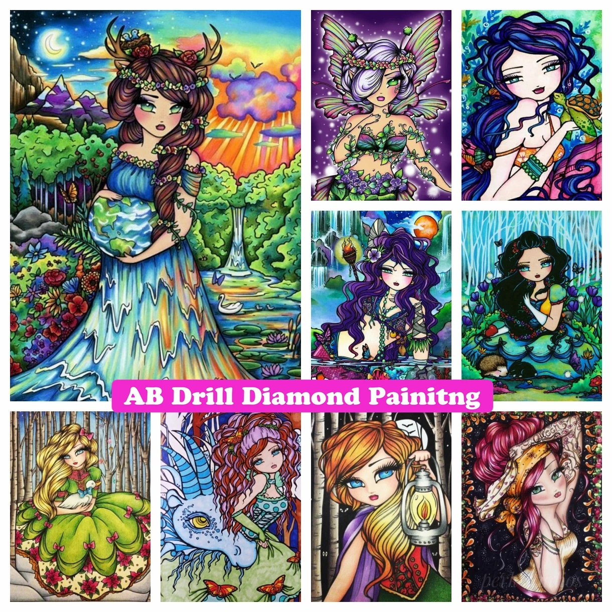 Colorful Cartoon Girl AB Drills Diamond Painting Cross Stitch Beautiful Beauty Fantasy Lady Mosaic Rhinestone Hobby Home Decor