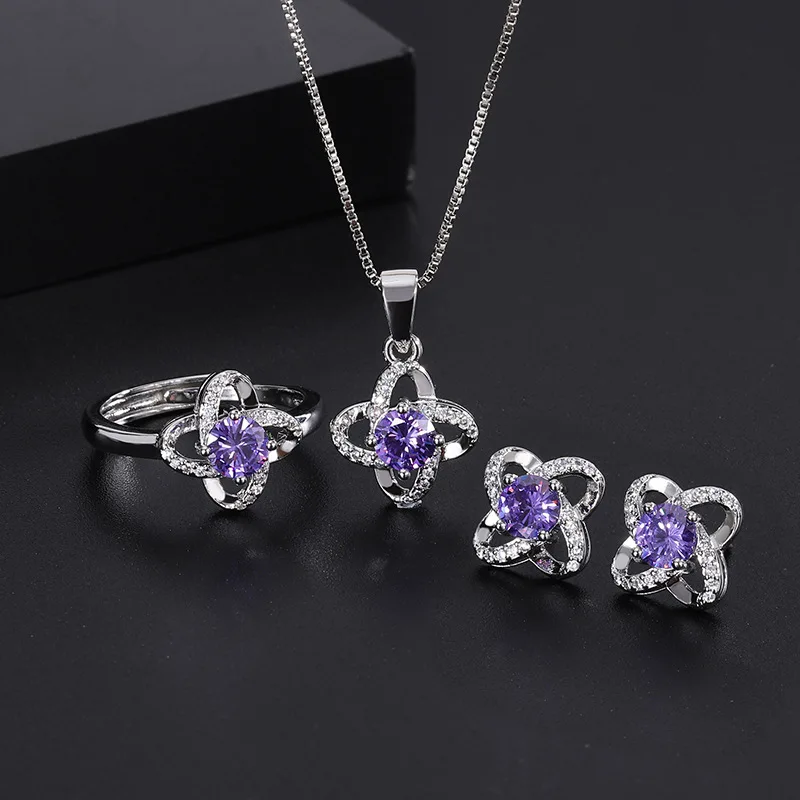 

Vintage Charms White Diamond Purple Blue Crystal Earrings Ring Necklace Three Piece Set Women Jewelry Wedding Anniversary Gift