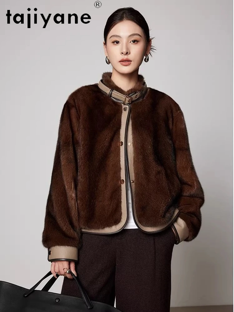TAJIYANE 천연 벨벳 전체 밍크 퍼 코트 여성용 짧은 스타일리시 퍼 코트 스탠드 칼라 재킷 2025 겨울 여성 의류