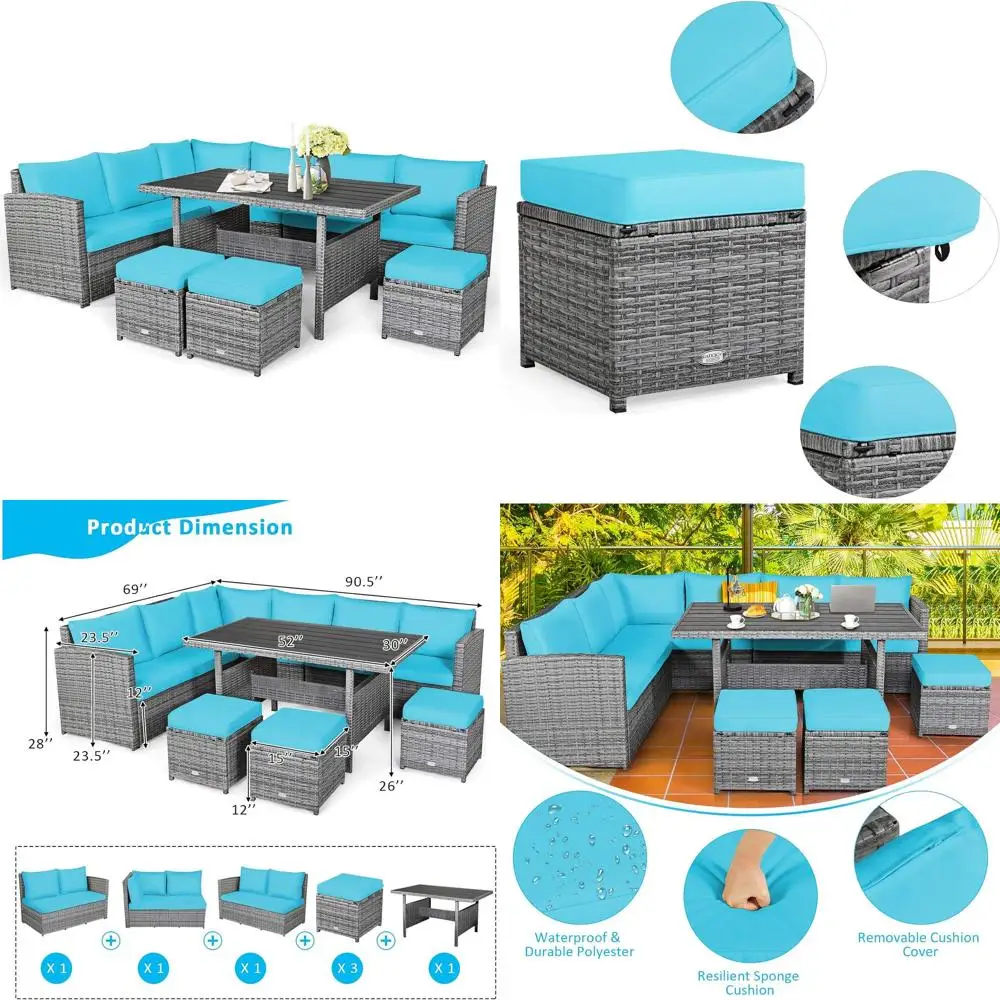 

Turquoise Outdoor Wicker Patio Sectional Furniture Set with Cushions for Garden, Poolside, or Porch