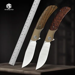 Cuchillo plegable de pez petrificado PFP09 con mango de titanio de madera K110, cuchillos de rodamiento de acero, cuchillo táctico para cazador, herramienta de mano EDC