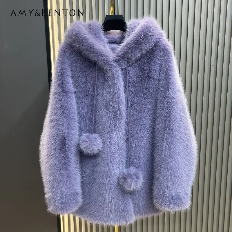 

Comfortable Faux Fox Fur Shearling Coat For Women's Winter New Mid-Length Wizard Hat Thickened Warm European Mink Furry Jacket