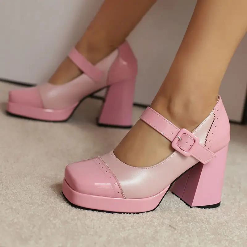 

Girseaby разноцветные туфли-лодочки Мэри Джейн с квадратным носком на массивном каблуке 9,5 см, на платформе с пряжкой и ремешком, большой размер 46 47 48, милые свадебные туфли