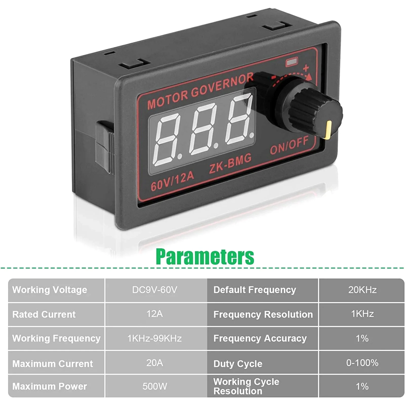 PWM DC Motor Speed Controller 9-60V 12A 500W with Digital Encoder, Adjustable Frequency 1KHz-99KHz Soft Start