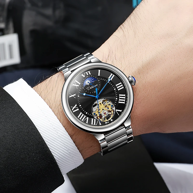 Dulunwe Automatic Mechanical Watch for Men Moon Phase Sun Display Roman Numerals Skeleton Dial Leather Strap Wristwatch