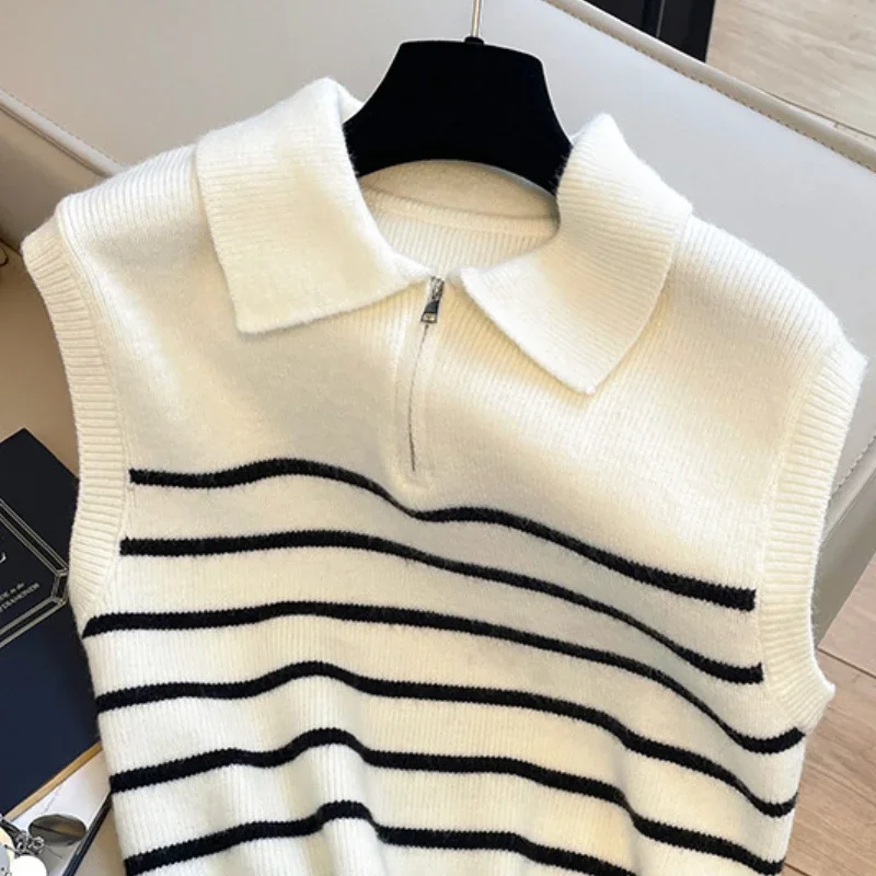 OCEANLOVE Zipper Women Sweaters Stripes Korean Fashion Vintage Autumn Winter Short Pullovers Elegant Basics Vests Pull Femme