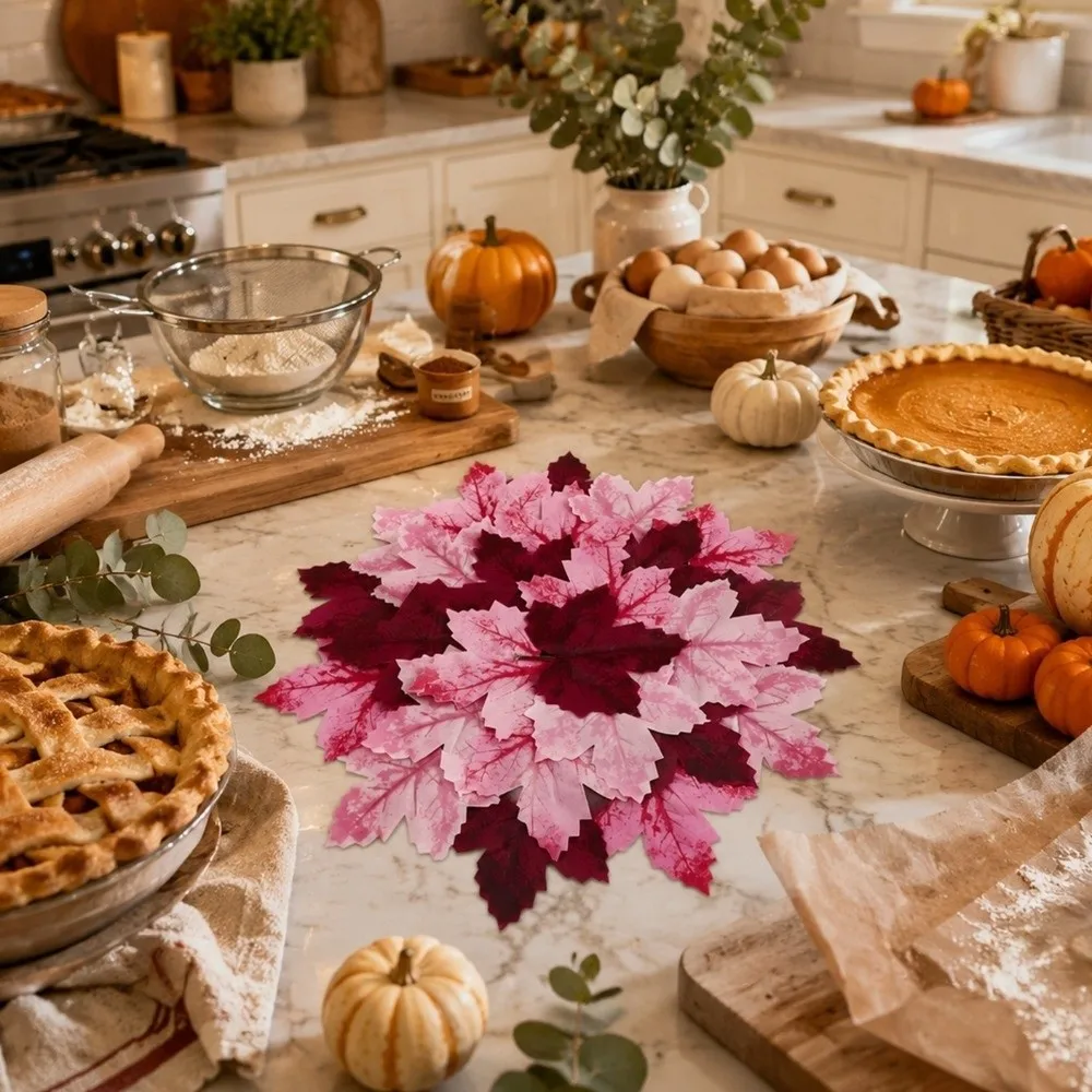 Absorbent Simulated Maple Leaf Meal Mat Heat-resistant Flocked Fabric Thanksgiving Decorative Placemat Quick Dry