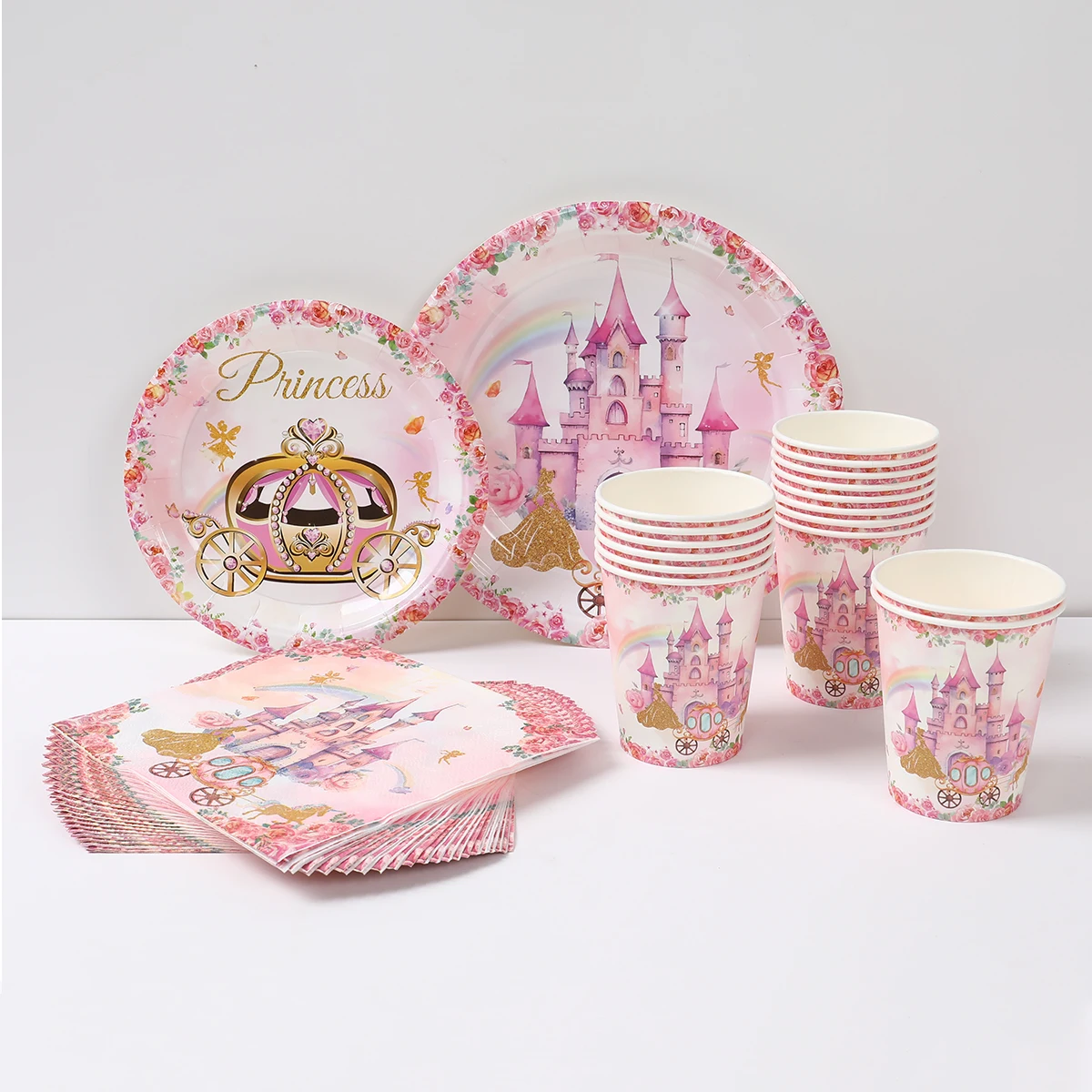 【セール中】城プリンセス誕生日装飾使い捨て食器プリンセスプレートカップナプキンプリンセス誕生日パーティー用品ベビーシャワー