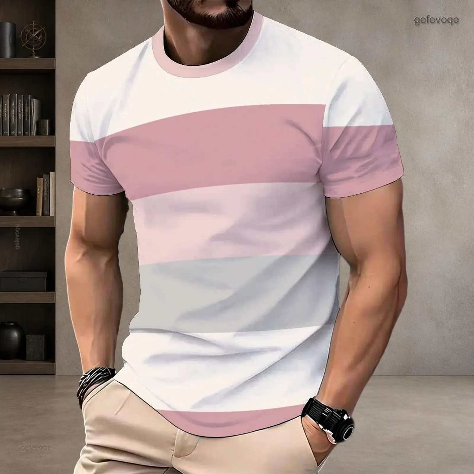 Men Printed Horizontal Striped Round Neck Short Sleeve T-Shirt White Pink Grey