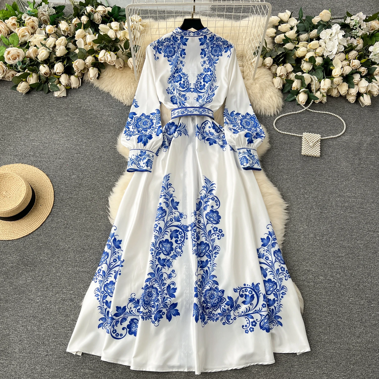 vintage blue and white dress White and Blue Vintage Floral Blossom Rockabilly Swing Dress – Pretty Kitty  Fashion main image 0