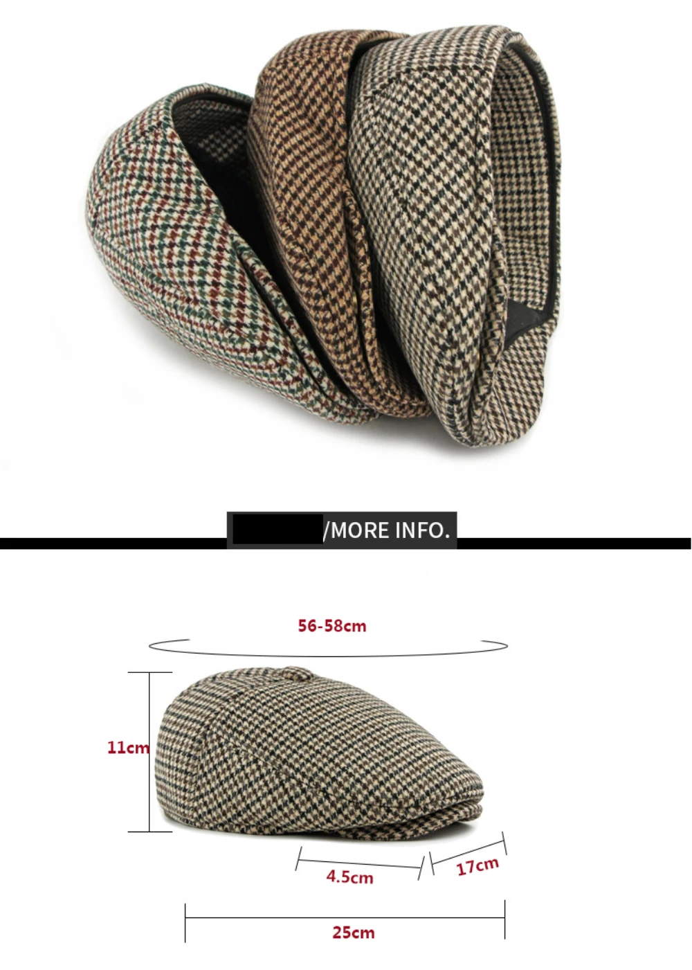 HT5164 Herren- und Damen-Baskenmütze, dicke warme Ohrenklappenmütze, Herbst-Winter-Karo-Ivy-Flatcap, Baskenmütze mit Ohrenklappen für Männer und Frauen. – Detail 3